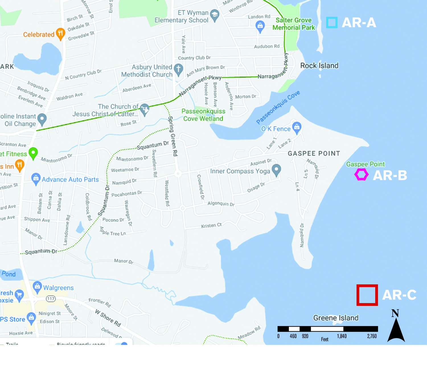 POSSIBLE SITES: Artificial reefs are proposed for three Warwick offshore locations (AR-A, AR-B and AR-C) including  Gaspee Point in the vicinity of where the Gaspee was burned 250 years ago.